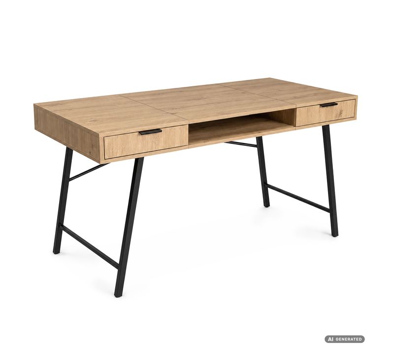 Bureau Informatique Style Industriel Chêne Artisan Arden 120 Cm 2 Tiroirs 1 étagère Pieds Noirs