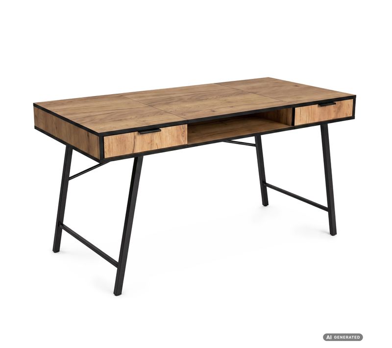 Bureau Informatique Style Industriel Chêne Craft Arden 120 Cm 2 Tiroirs 1 étagère Pieds Noirs
