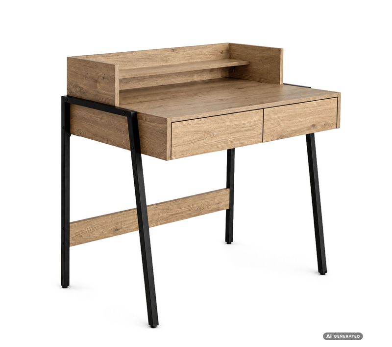 Bureau Informatique Style Industriel Chêne Artisan Flux 78 Cm 2 Tiroirs 1 étagère Pieds Noirs