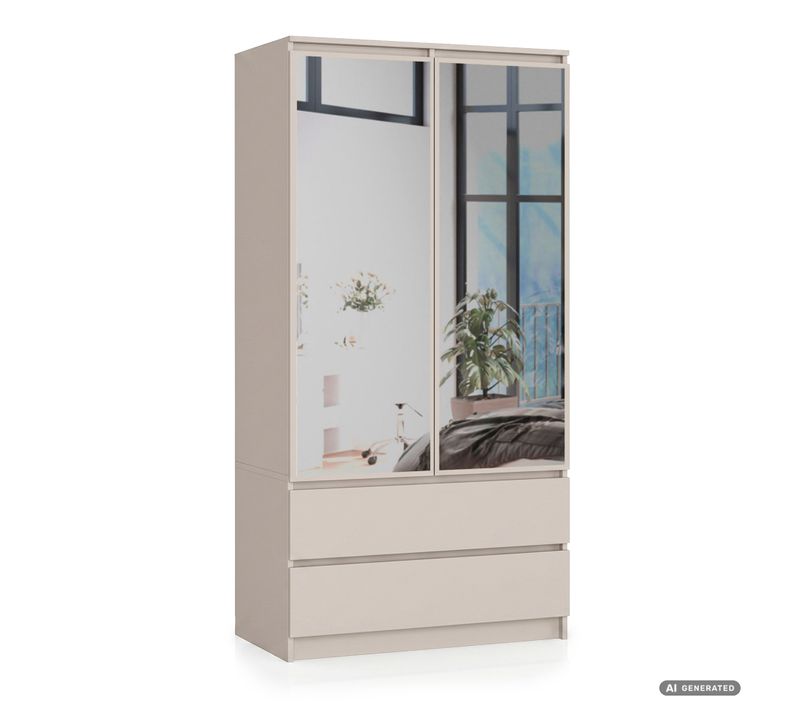 Armoire Akord S90 Avec Miroir Cachmire 90 Cm 2 Portes 2 Tiroirs Façade Cachmire 4 étagères 90x51x180