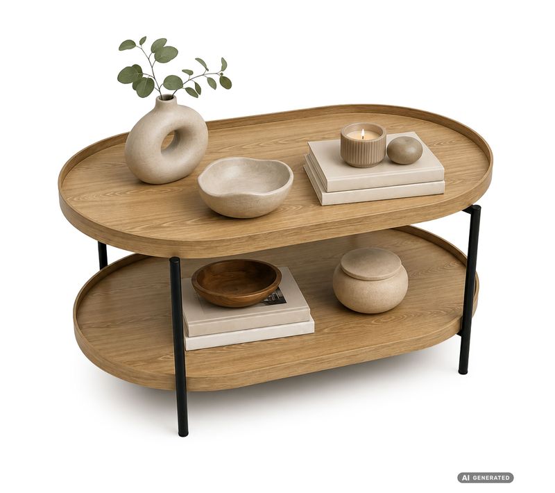 Table Basse Style Loft Cortado 90 Cm Ovale Avec étagère Bois Naturel Pieds Noirs