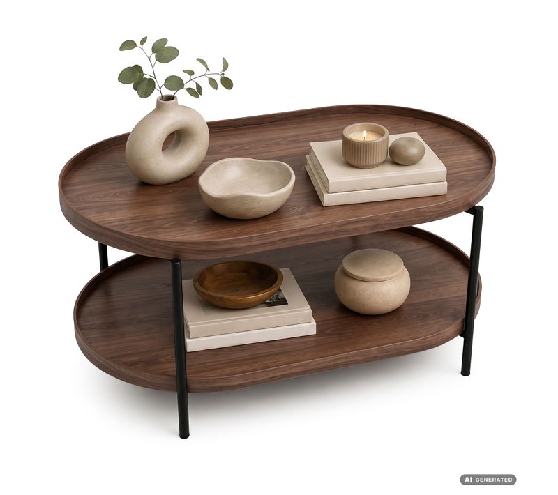 Table Basse Style Loft Cortado 90 Cm Ovale Avec étagère Noyer Pieds Noirs