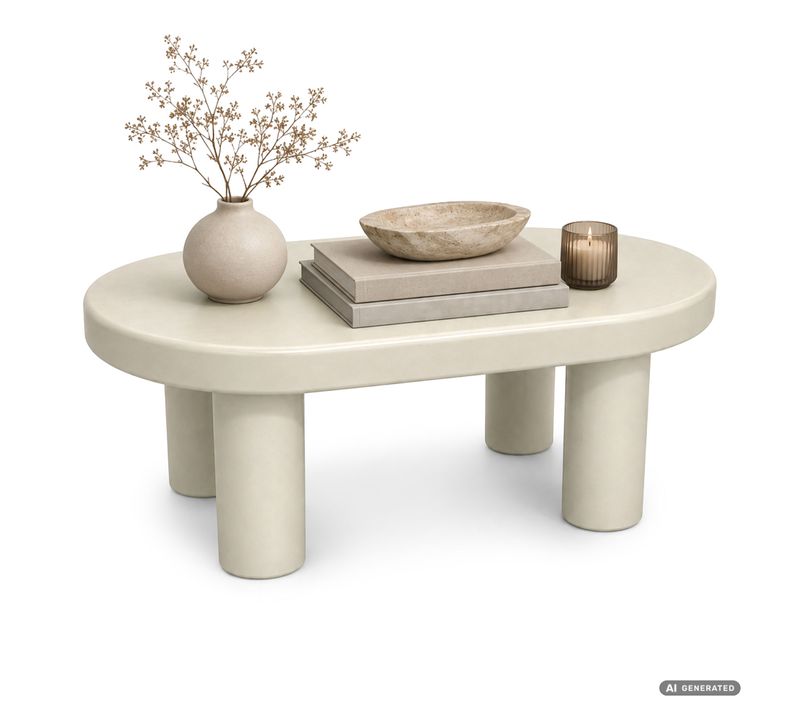 Table Basse Ovale Mate 85 Cm Crème Avec Quatre Pieds Cylindriques