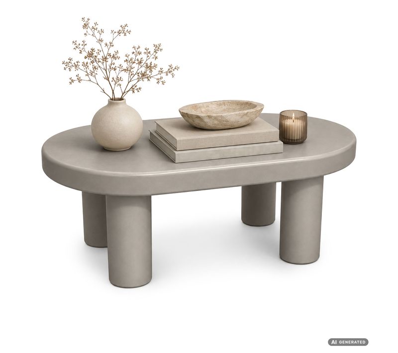 Table Basse Ovale Mate 85 Cm Grise Avec Quatre Pieds Cylindriques