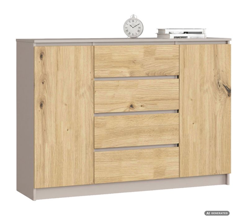 Commode K140 Cachemire 138 Cm 2 Portes 4 Tiroirs Couleur Chêne Artisan Mat 4 étagères 138x40x99 Cm