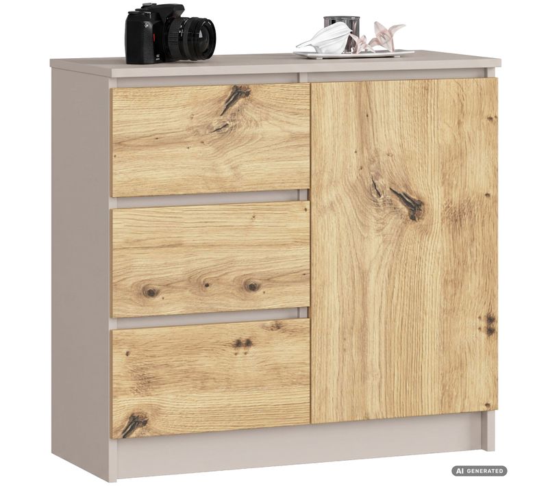 Commode Jerry Cachemire 80 Cm 1 Porte 3 Tiroirs Couleur Chêne Artisan Mat 2 étagères 80x35x77 Cm