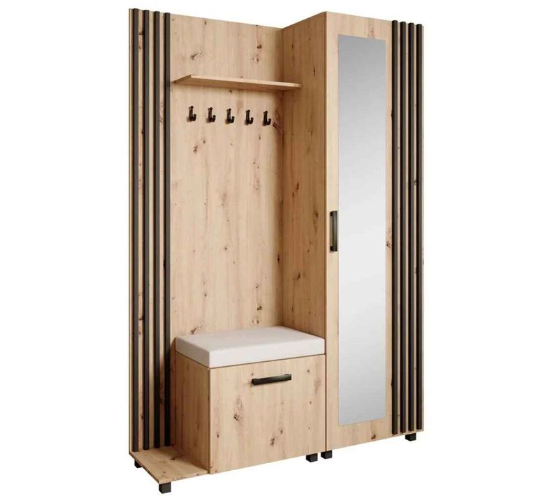 Set De Vestiaire LIVIA - Armoire Avec Cintres Et Miroir 207 cm, Chêne Artisanal + Noir, Côté Gauche