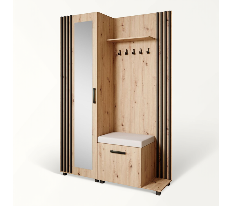 Set De Vestiaire LIVIA - Armoire Avec Cintres Et Miroir 207 cm, Chêne Artisanal + Noir, Côté Droite