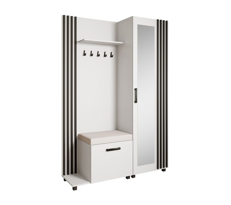 Set De Vestiaire LIVIA - Armoire Avec Cintres Et Miroir 207 cm, Blanc + Noir, Côté Gauche