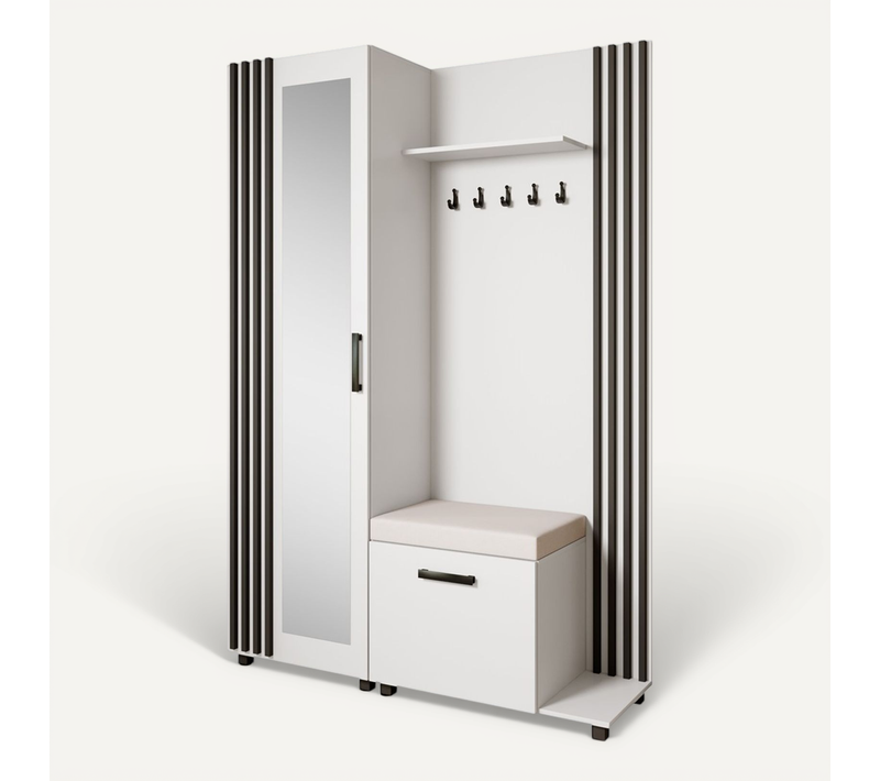 Set De Vestiaire LIVIA - Armoire Avec Cintres Et Miroir 207 cm, Blanc + Noir, Côté Droite