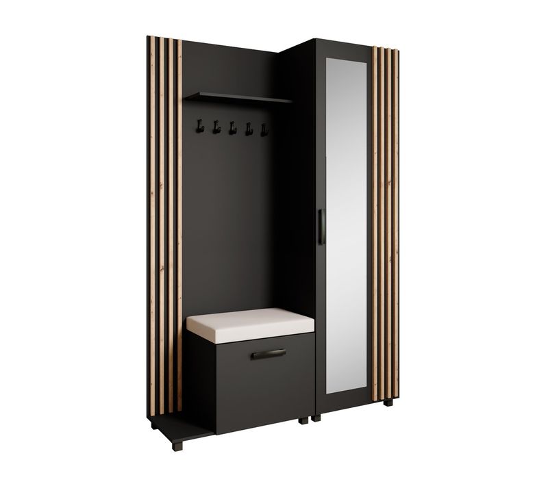 Set De Vestiaire LIVIA - Armoire Avec Cintres Et Miroir 207 cm, Noir + Chêne Artisan, Côté Gauche