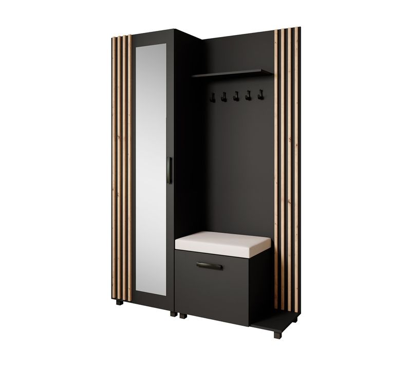 Set De Vestiaire LIVIA - Armoire Avec Cintres Et Miroir 207 cm, Noir + Chêne Artisan, Côté Droite