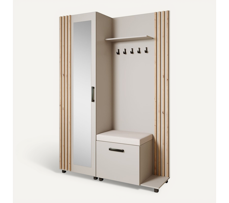 Set De Vestiaire LIVIA - Armoire Avec Cintres Et Miroir 207cm, Cachemire+chêne Artisan, Côté Droite