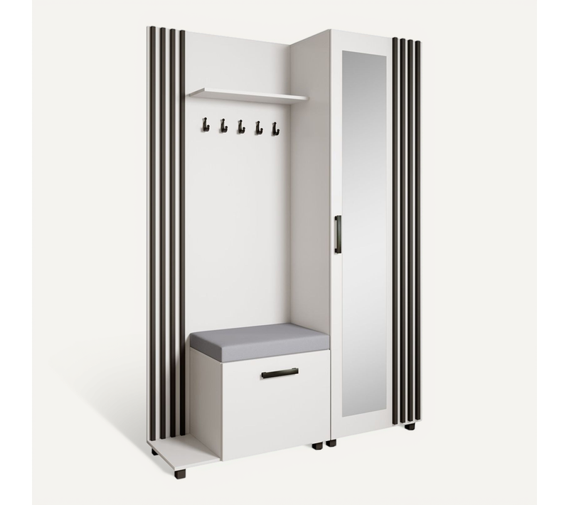 Set De Vestiaire LIVIA  - Armoire Avec Cintres Et Miroir 207 cm, Blanc + Noir, Côté Gauche