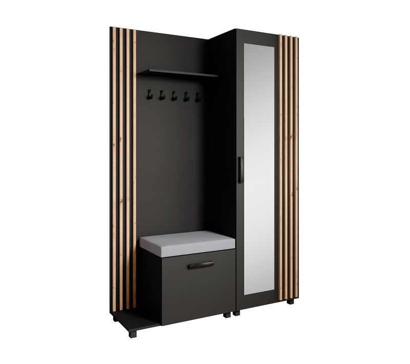 Set De Vestiaire LIVIA - Armoire Avec Cintres Et Miroir 207 cm, Noir + Chêne Artisan, Côté Gauche
