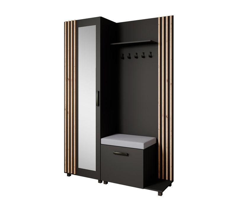 Set De Vestiaire LIVIA - Armoire Avec Cintres Et Miroir 207 cm, Noir + Chêne Artisan, Côté Droite