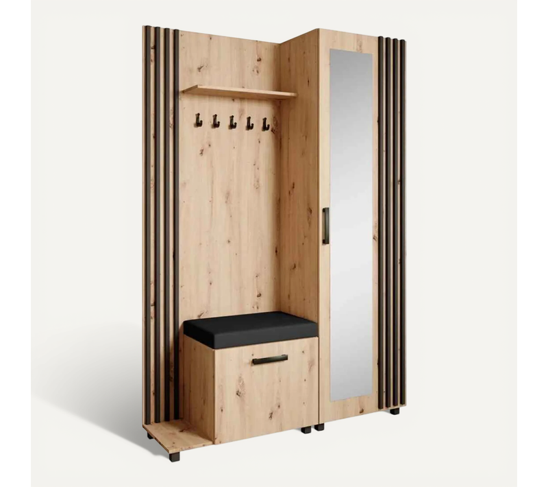 Set De Vestiaire LIVIA - Armoire Avec Cintres Et Miroir 207 cm, Chêne Artisanal + Noir, Côté Gauche