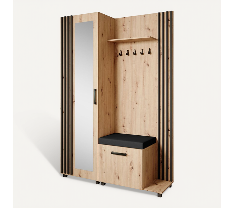 Set De Vestiaire LIVIA - Armoire Avec Cintres Et Miroir 207 cm, Chêne Artisanal + Noir, Côté Droite