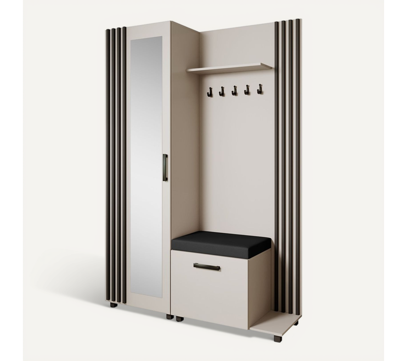 Set De Vestiaire LIVIA - Armoire Avec Cintres Et Miroir 207 cm, Cachemire + Noir, Côté Droite