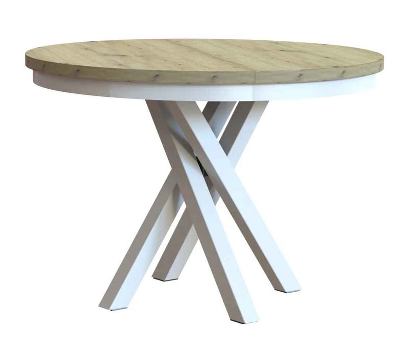 Table Ronde Kris Ø 100–140 cm Extensible, Pieds En Métal, Style Loft, Couleur : Blanc/chêne Artisan