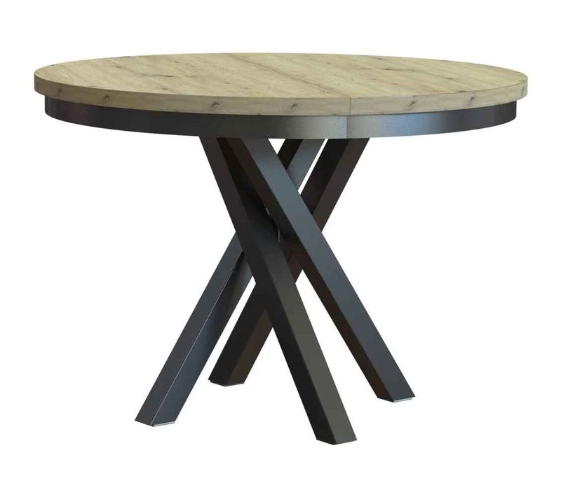 Table Ronde Kris Ø 100–140 cm Extensible, Pieds En Métal, Style Loft, Couleur : Noir/chêne Artisan