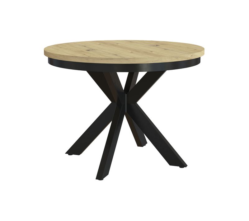 Table Ronde Bilbao Ø100–180 cm Extensible, Pieds En Métal, Style Loft, Couleur: Noir/chêne Artisan