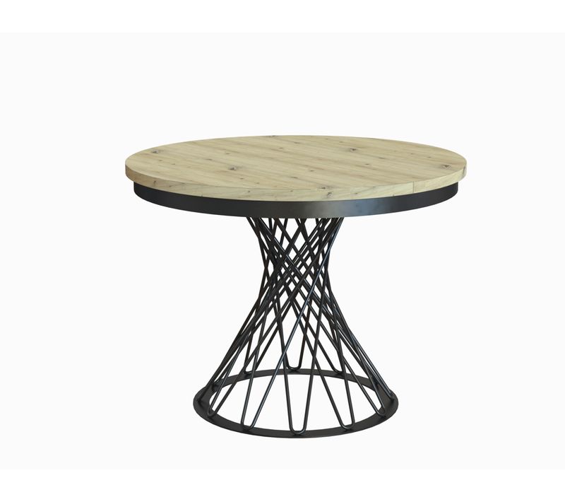 Table Ronde Laura Ø 100–140 Cm Extensible, Pieds En Métal, Style Loft, Couleur : Noir/chêne Artisan