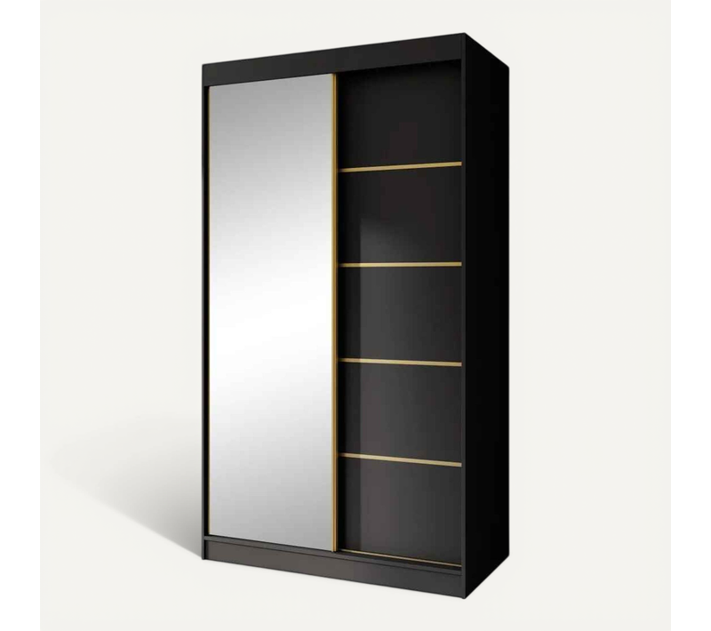 Armoire à Portes Coulissantes MARIKA LUX, 2 Portes, Avec Tiroirs, Noir+or, 120cm