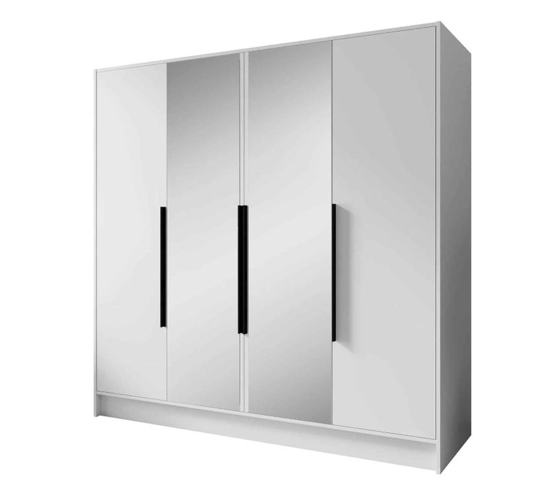 Armoire à Portes Battantes LARO 200 cm - Avec Miroir, Blanc Avec Poignées Noires