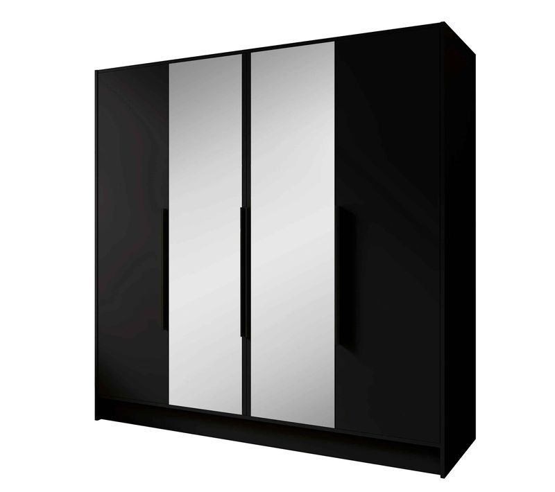 Armoire à Portes Battantes LARO 200 cm - Avec Miroir, Noir Avec Poignées Noires