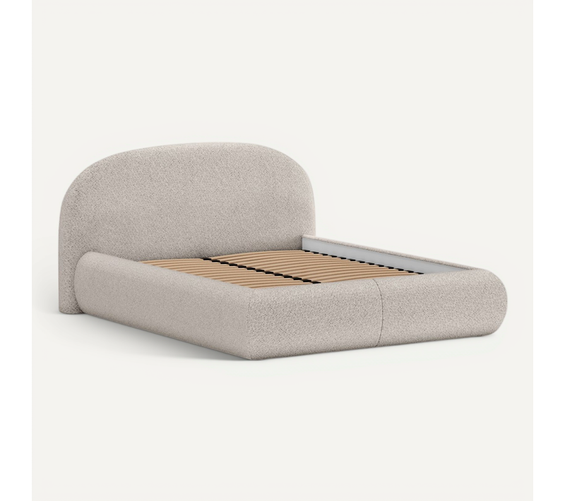 Lit Coffre Double Motti 160x200 cm - Lit Avec Tête De Lit Et Rangement, Bouclé Beige