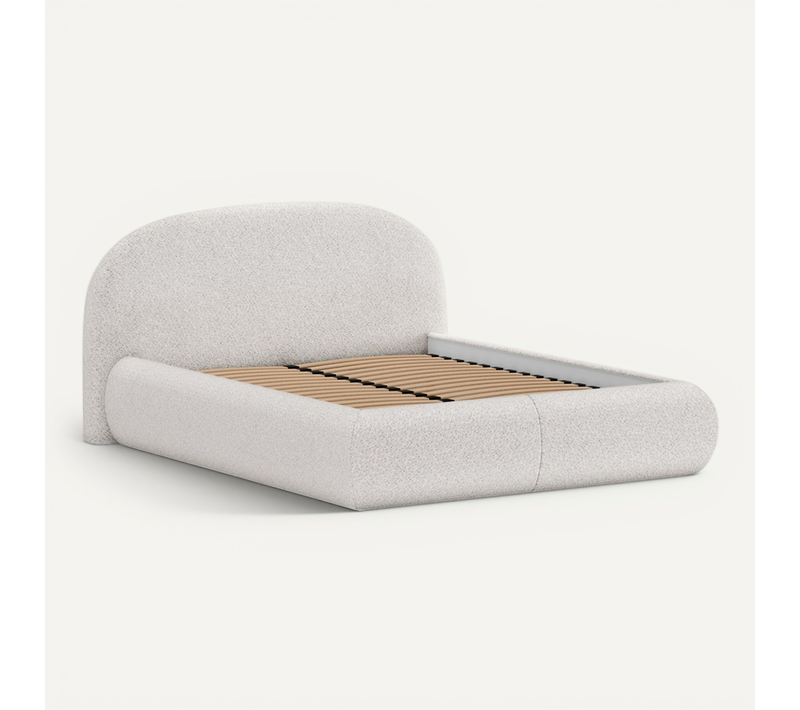 Lit Coffre Double Motti 160x200 cm - Lit Avec Tête De Lit Et Rangement, Bouclé Crème