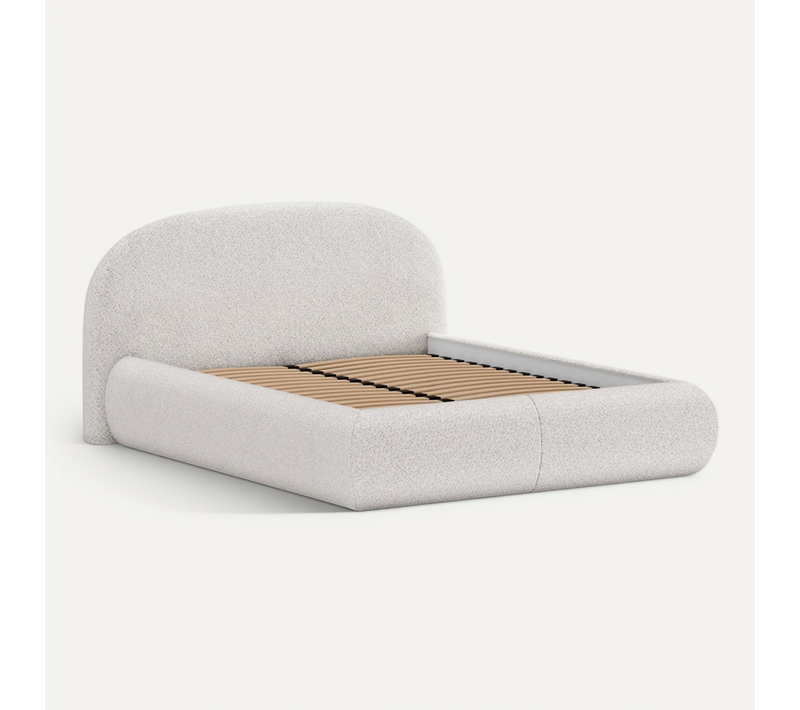 Lit Coffre Double Motti 180x200 cm - Lit Avec Tête De Lit Et Rangement, Bouclé Crème