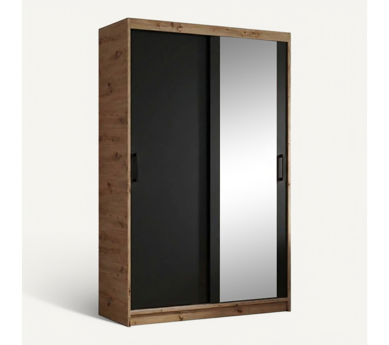 Armoire HELA à Portes Coulissantes Avec Porte Miroir - Chêne Artisan/Noir 100 cm - 2 Portes