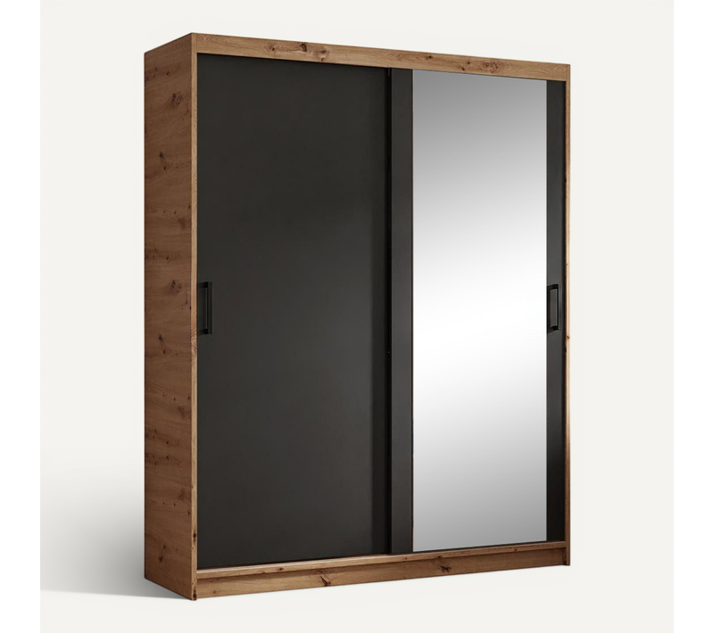 Armoire HELA - Armoire à Portes Coulissantes Avec Porte Miroir - Chêne/Noir 160 cm - 2 Portes