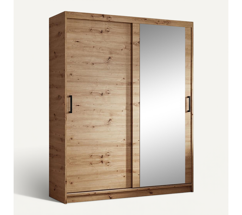 Armoire HELA à Portes Coulissantes Avec Porte Miroir Et 1 Modules à Tiroirs - Chêne 160 cm