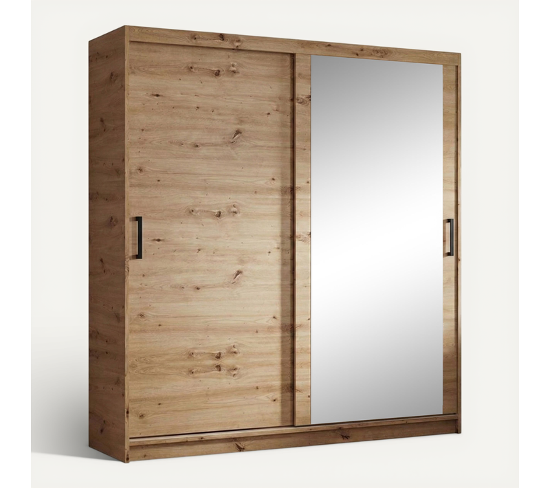 Armoire HELA à Portes Coulissantes Avec Porte Miroir Et 2 Modules à Tiroirs - Chêne 180cm