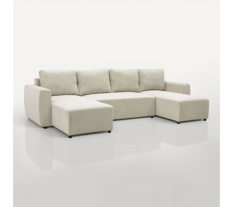 Canapé Convertible Panoramique Pharell 7 Places - Velours Côtelé Beige - Coffre De Rangement - L297