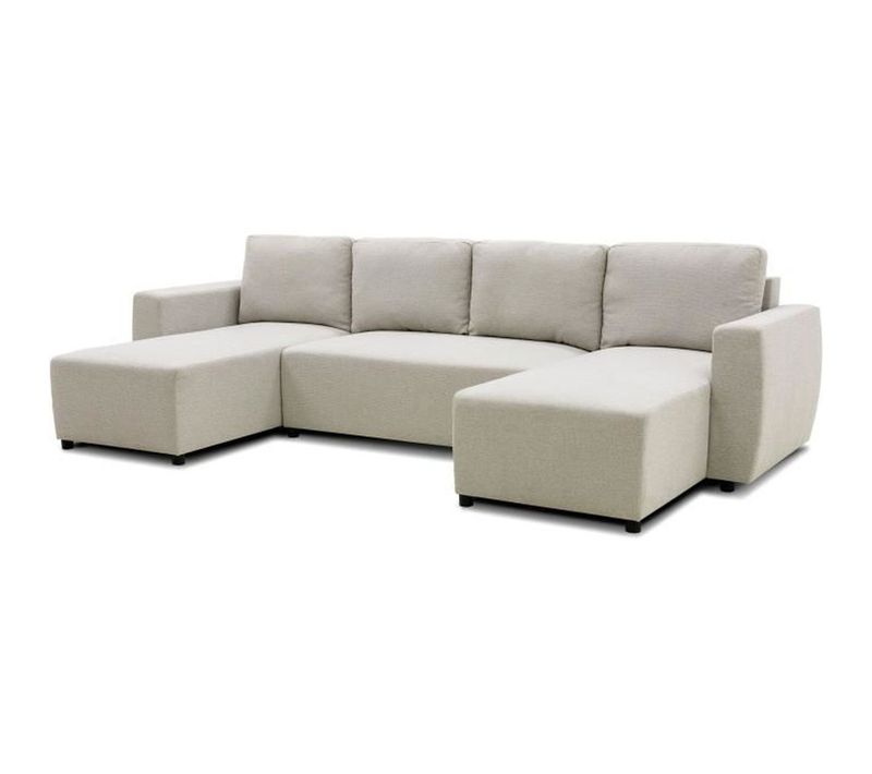 Canapé D'angle Convertible Panoramique Pharell 5/6 Places - Tissu Beige - Coffre De Rangement - L29