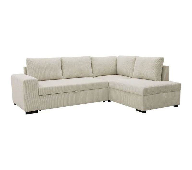 Canapé D'angle Convertible Réversible Nirvana 4 à 5 Places - Tissu Velours Côtelé Perle - Coffre De