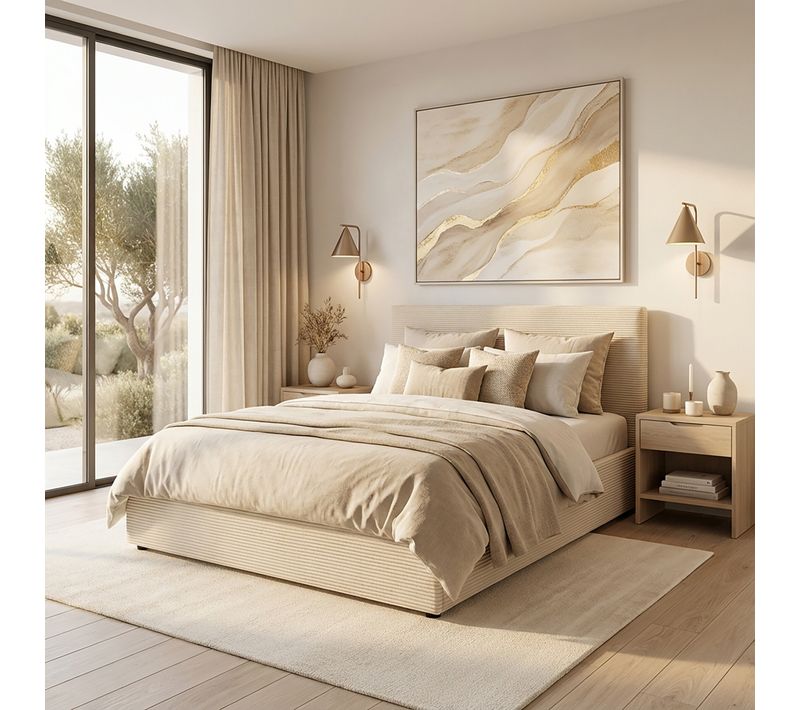 Lit coffre 160x200 cm JAPP 3 velours côtelé beige