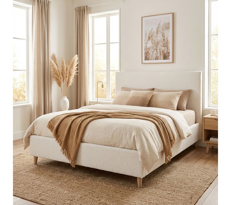 Lit 140x190 cm JAPP tissu bouclette beige