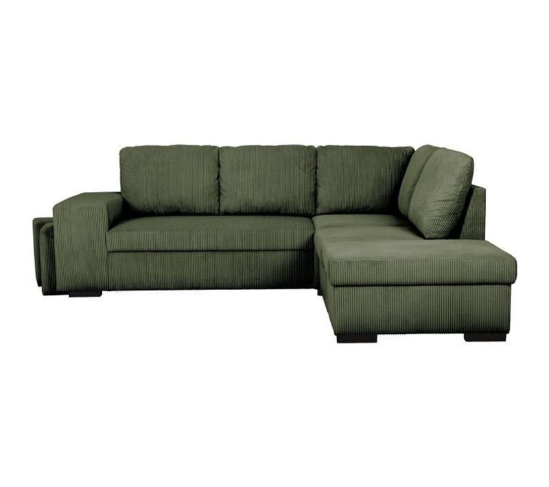 Canapé D'angle Convertible Réversible - 4/5 Places - Mitchell - Tissu Velours Côtelé Kaki - Coffre,