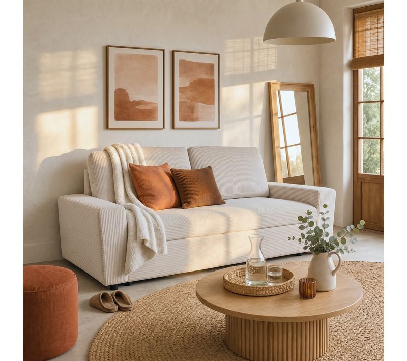 Velours Coffre Rangement Canapé 5 places Fixe HAPPY BUT Beige L186 x P85 x H84 cm Réf. BUT-5945827072579