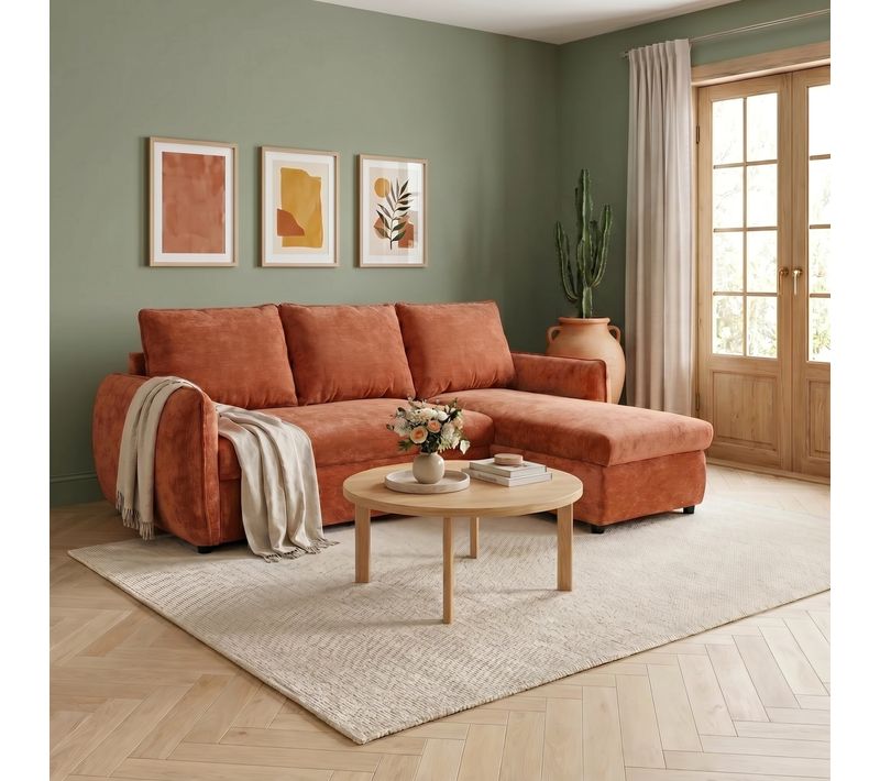 Canapé d'angle convertible méridienne réversible REGGIE tissu terra cotta
