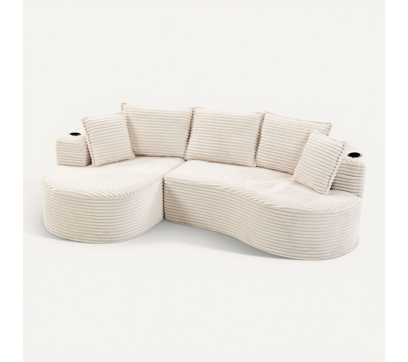 Canapé Compressé 3 Places,velours Côtelé,beige,mousse Haute Densité,porte-gobelets,poches Rangement