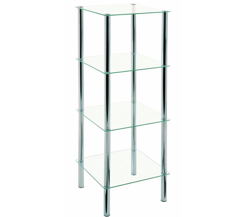 Etagère Salle De Bain En Tube D'acier Chromé Verre Trempé, Dim : L39 X P39 X H107 Cm