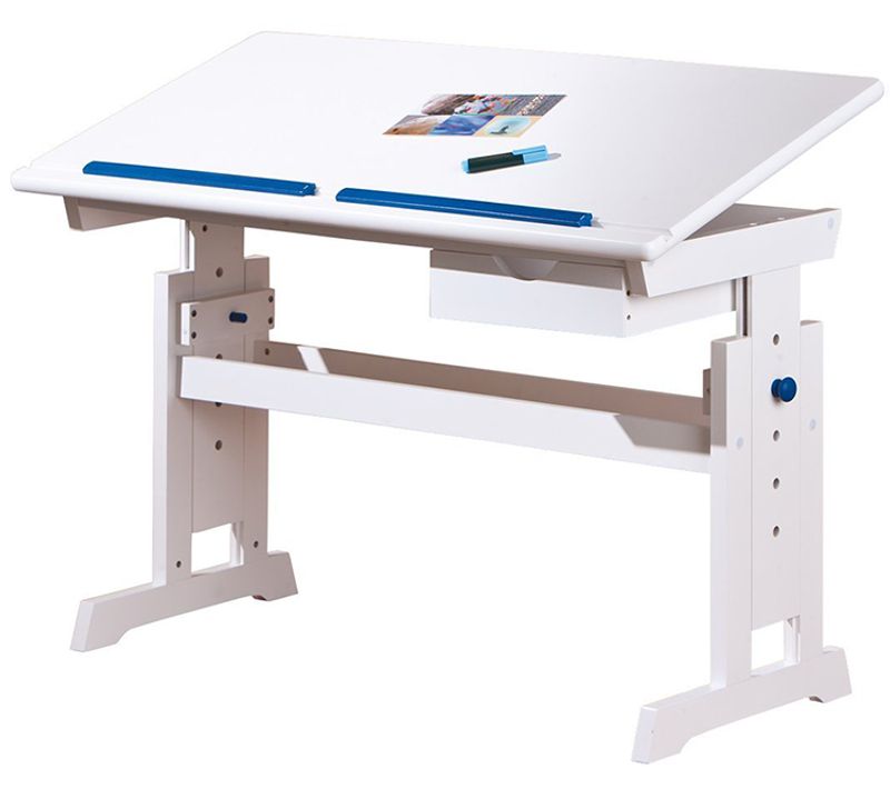 Bureau Enfants Blanc / Rose Et Bleu En Mdf / Bois Massif Avec 1 Tiroir, Dim : 109 X 55 X 63/88 Cm