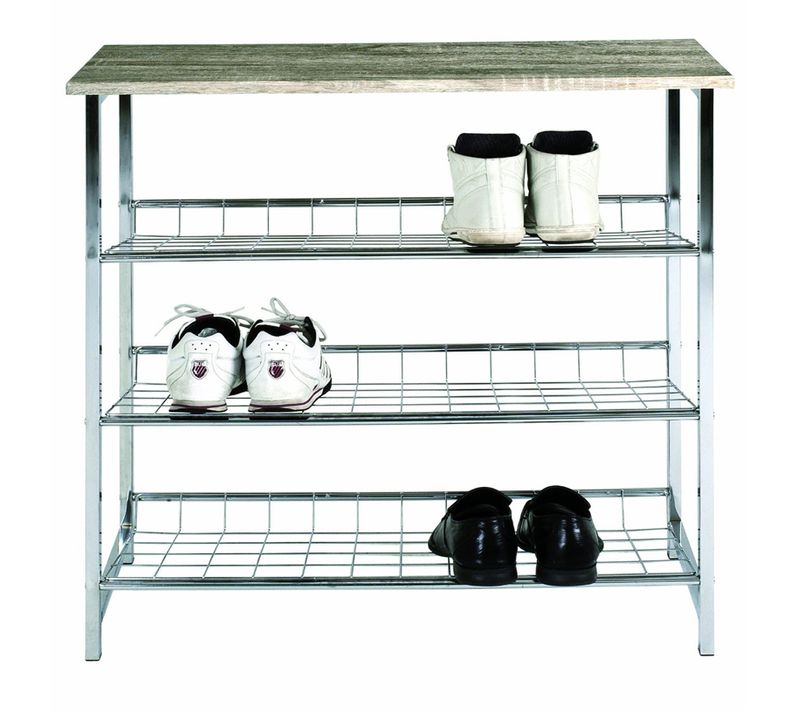 Etagére à Chaussures En Tube D'acier Coloris Chrome-décor Chêne Truffe, Dim : L86 X P28 X H81 Cm