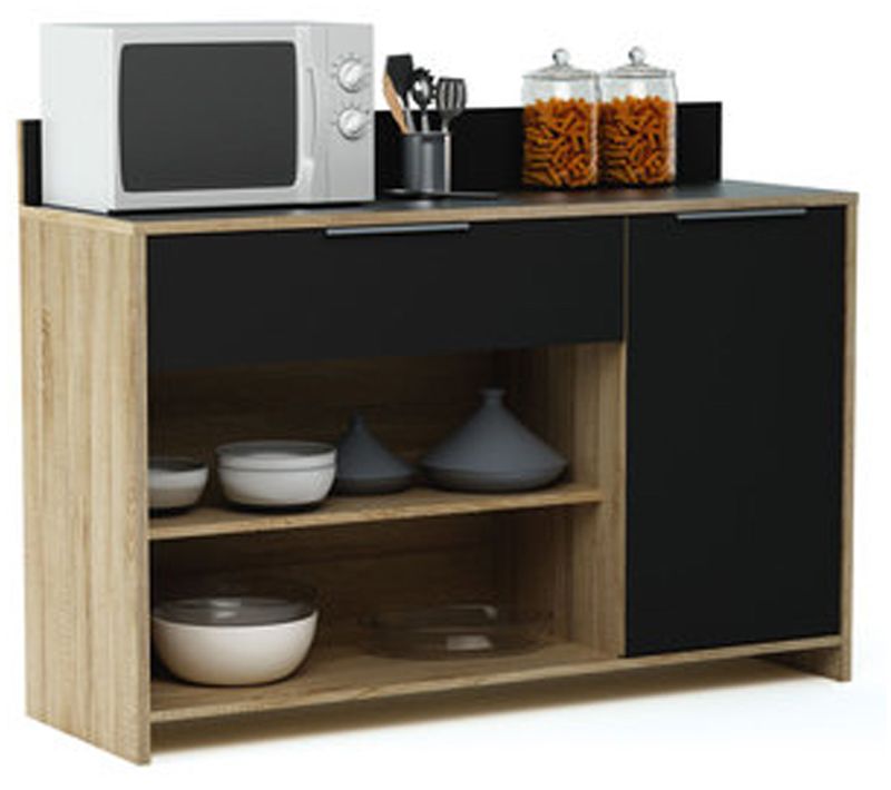 Meuble Desserte En Bois 1 Porte,1 Tiroir Et 2 Niches coloris chêne brut et noir. L123 X H85 X P40 Cm